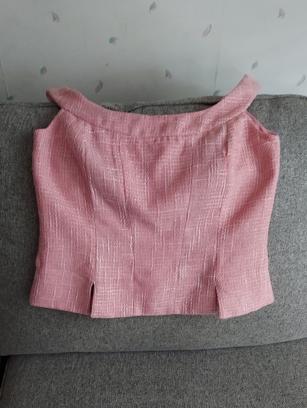 White House Black Market Pink Tweed Off-Shoulder Crop Top